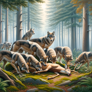 A pack of grey wolves sharing a hunted deer in a forest, symbolizing natural cooperation and survival.